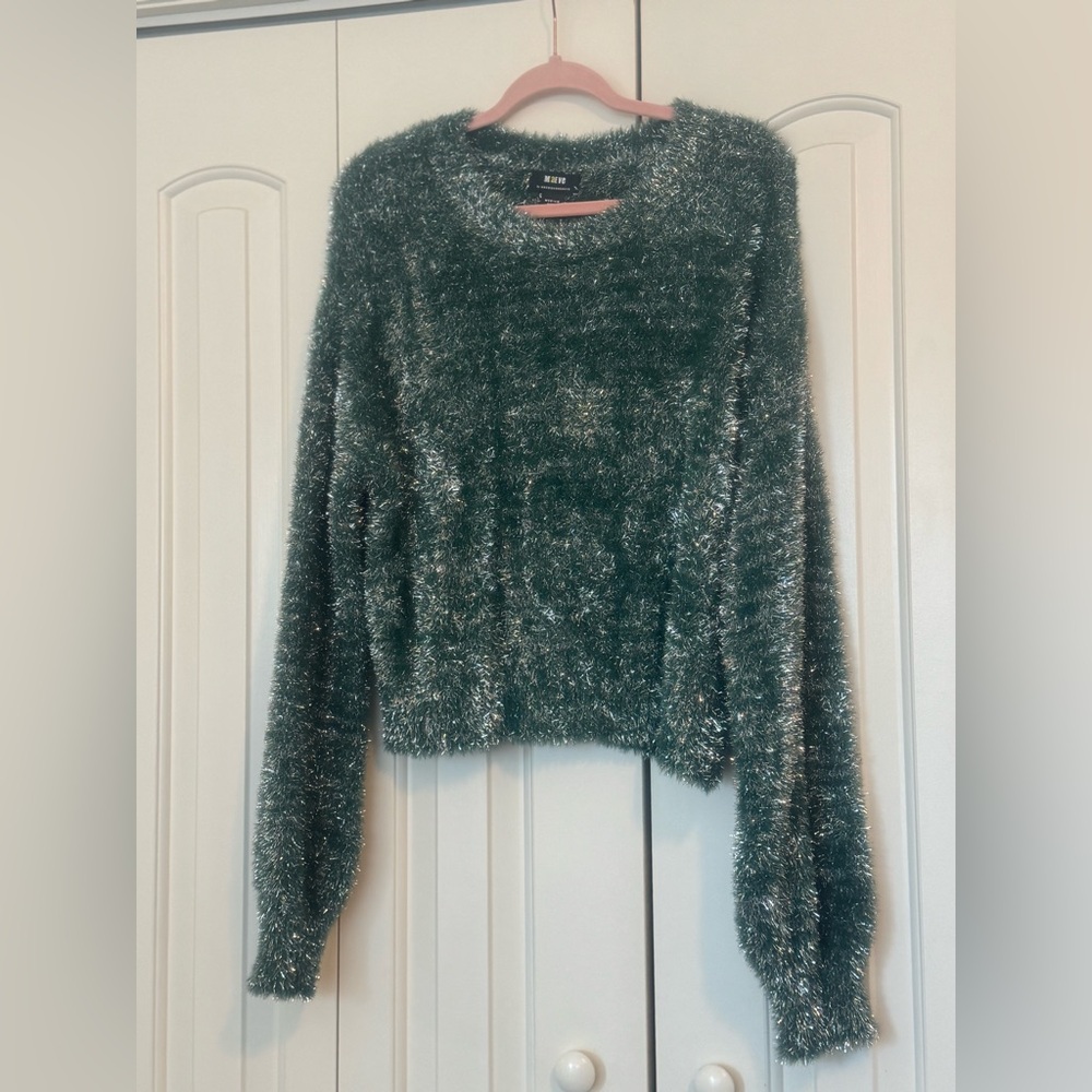 Maeve by Anthropologie Green Fuzzy Christmas/New Years Crew Neck Sweater